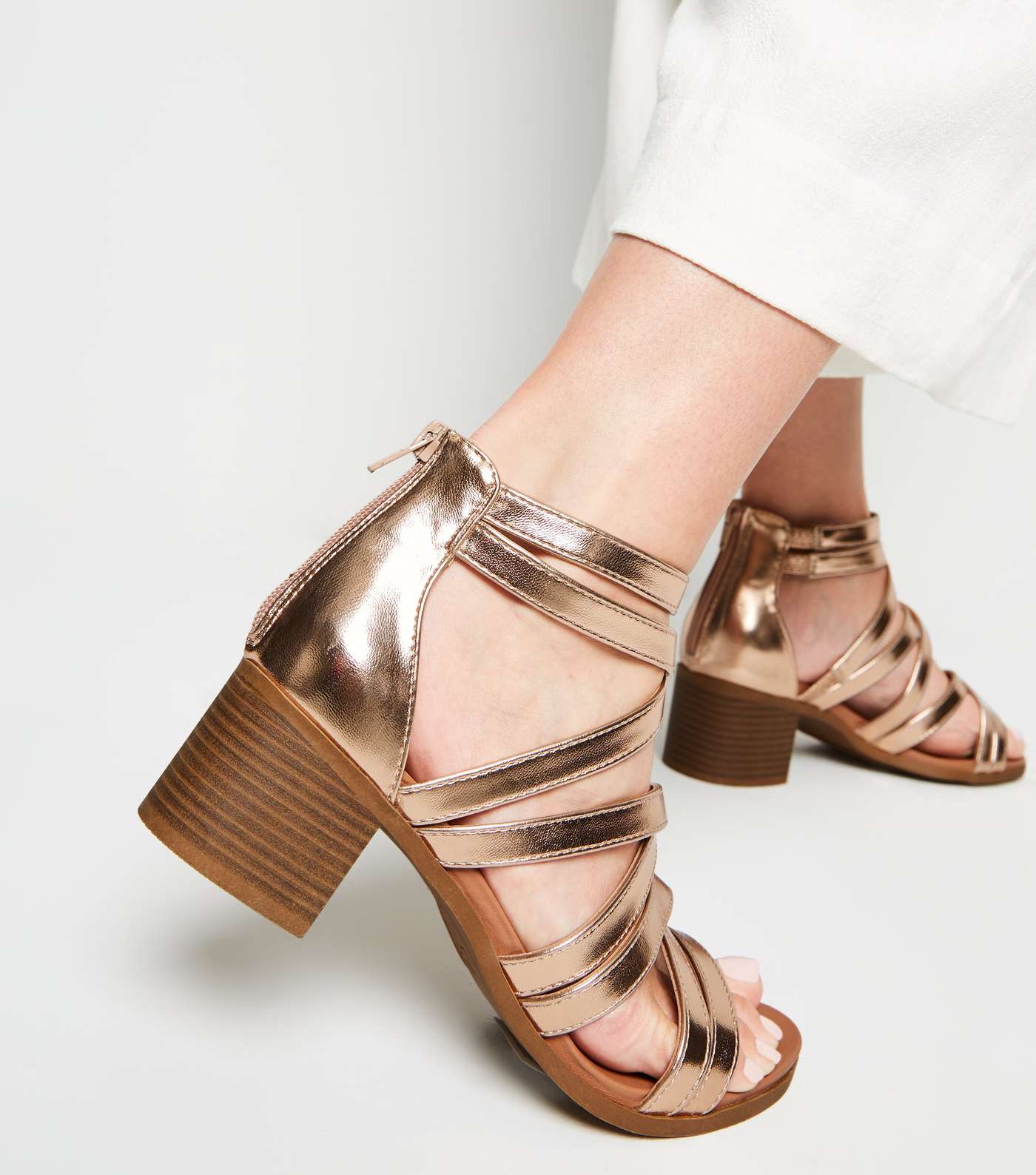 Rose Gold Metallic Strappy Low Heel Sandals Image 2