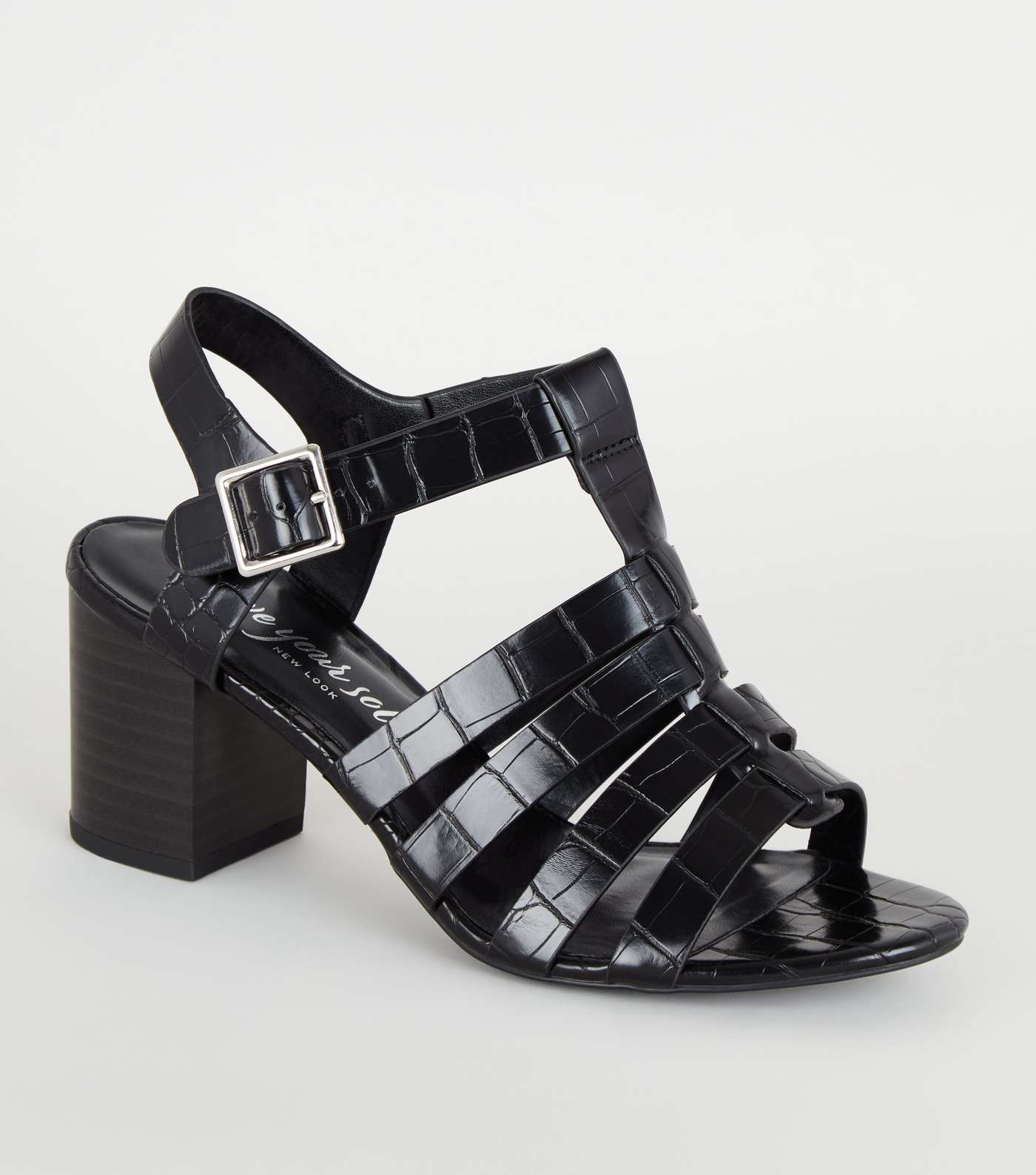 Black Faux Croc Caged Sandals