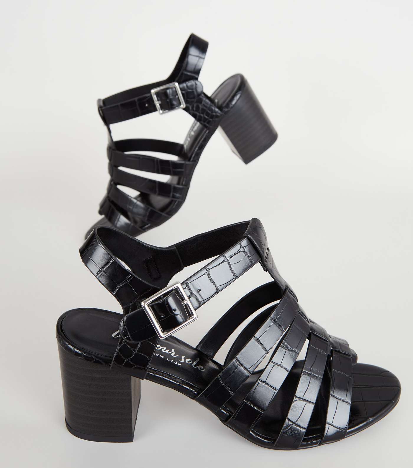 Black Faux Croc Caged Sandals Image 3
