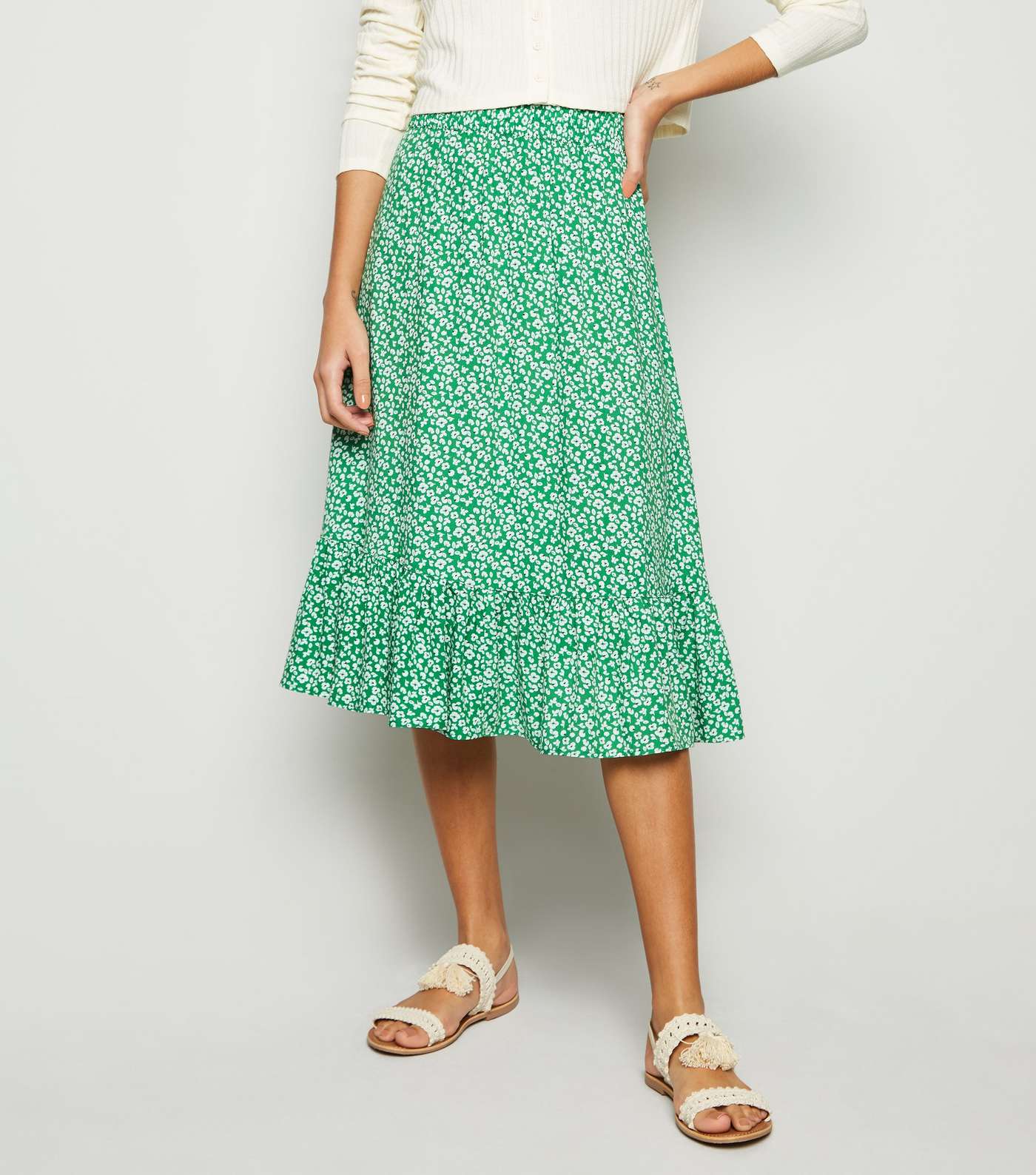 JDY Green Floral Frill Trim Midi Skirt Image 2