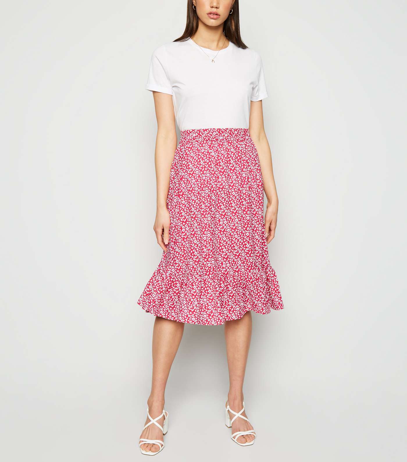 JDY Pink Floral Frill Trim Midi Skirt