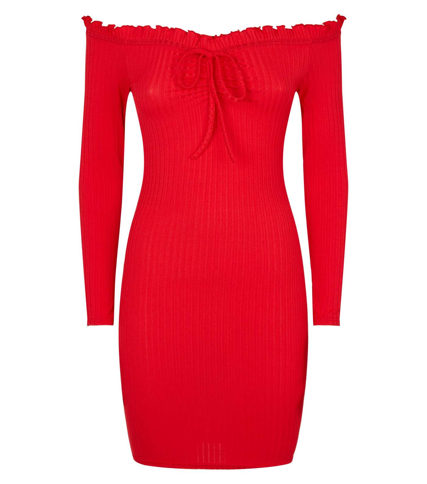 Red Ribbed Tie Bardot Bodycon Dress  Image 4