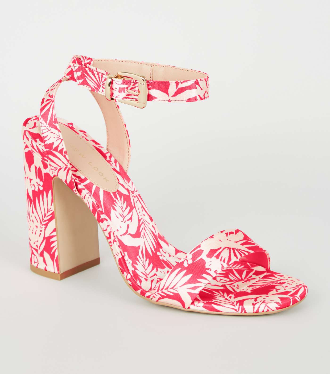 Bright Pink Satin Tropical Block Heels