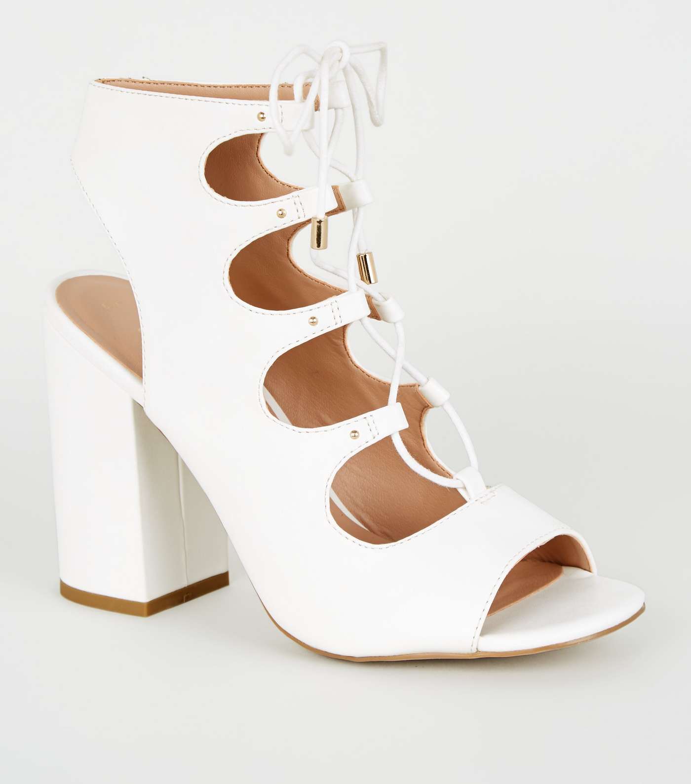 White Leather-Look Lace Up Ghillie Block Heels