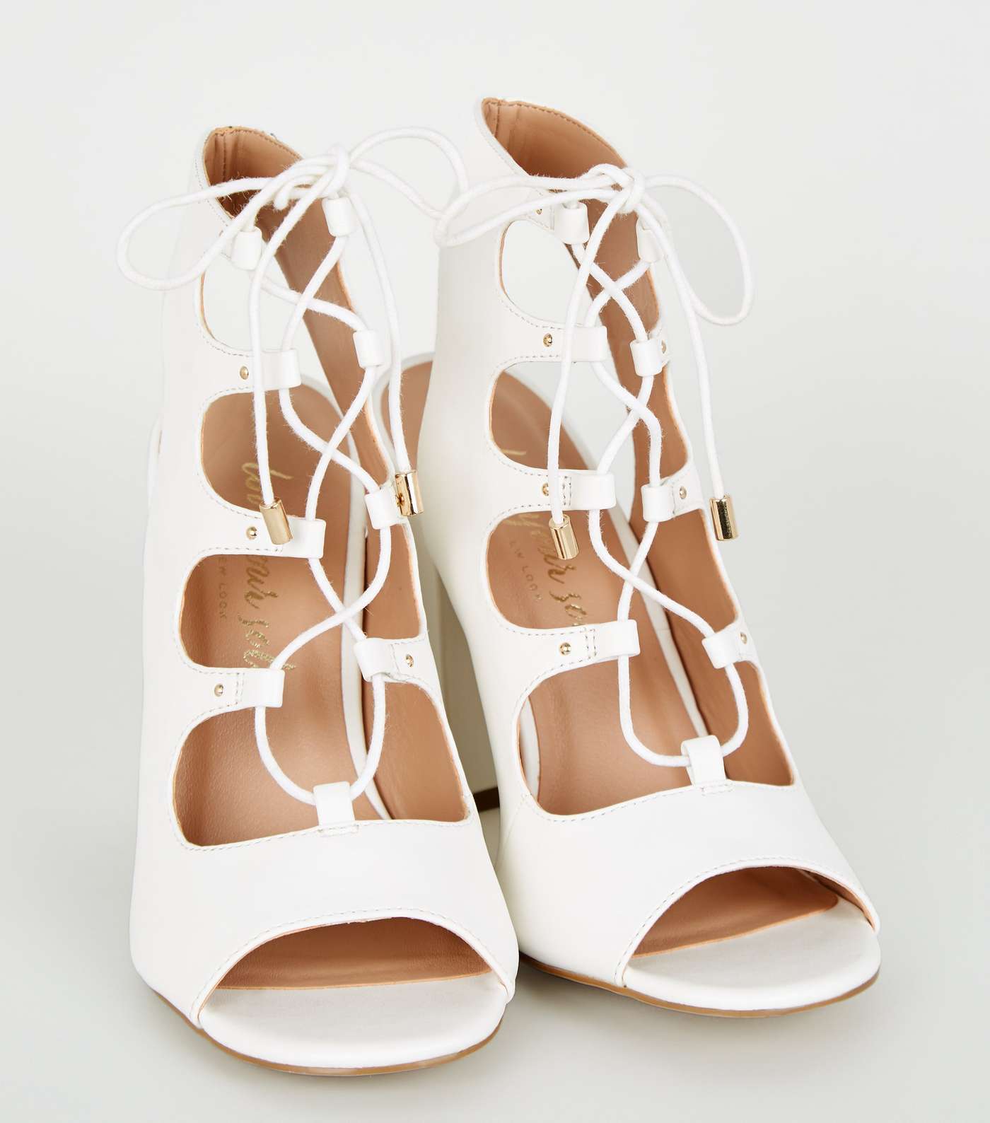 White Leather-Look Lace Up Ghillie Block Heels Image 3
