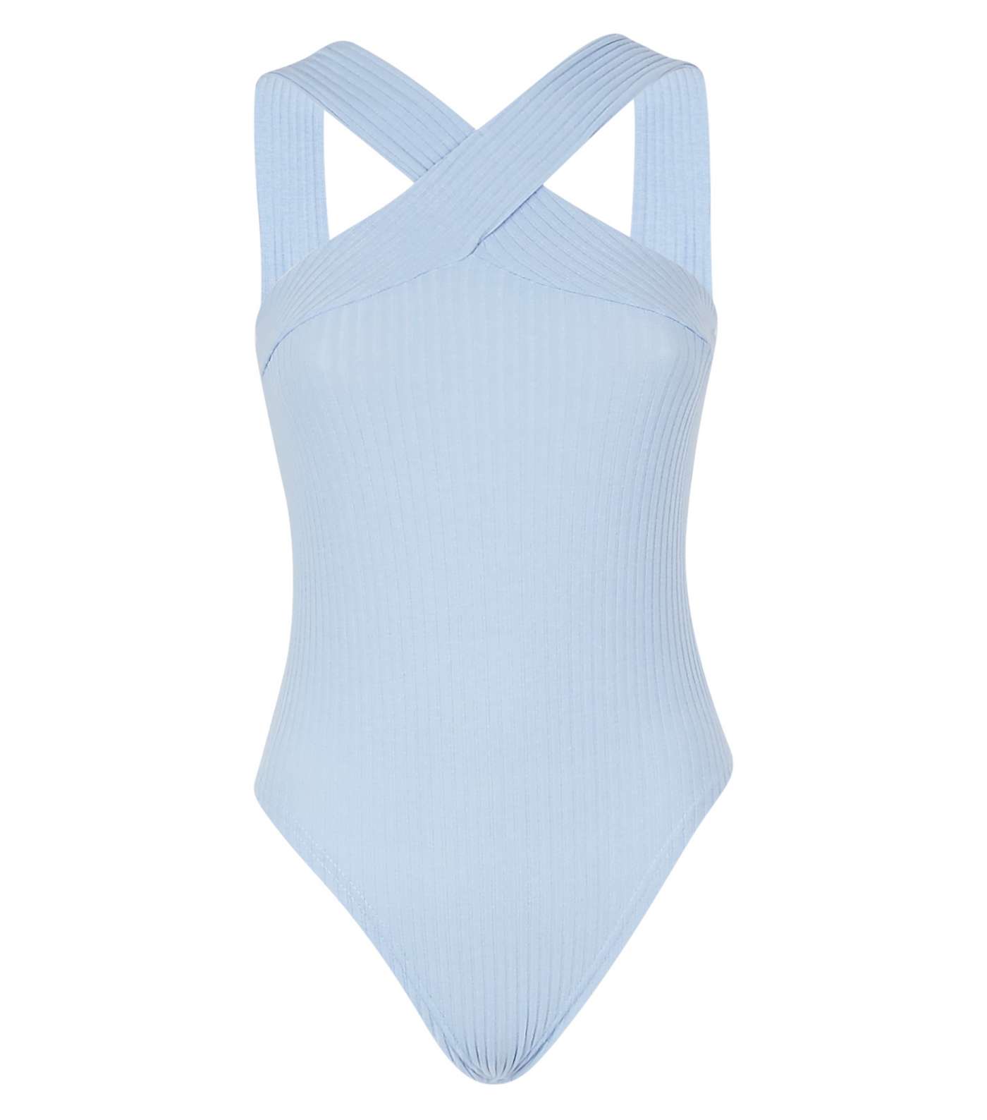 Pale Blue Ribbed Cross Front Bodysuit Image 4