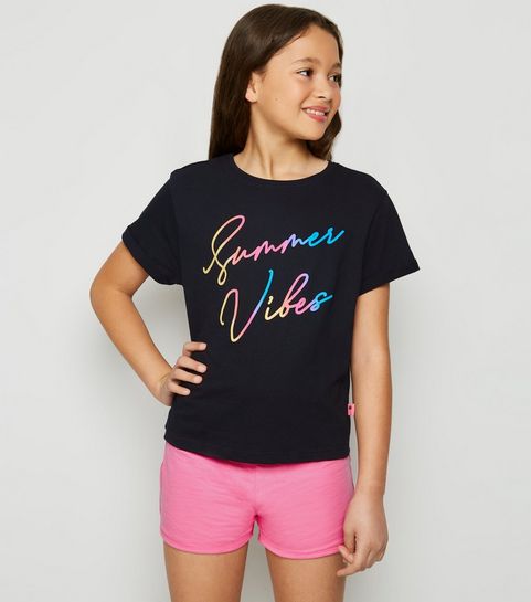 Girls Black Ombre Summer Vibes Slogan Pyjama Set Girls Black Ombre Summer Vibes Slogan Pyjama Set