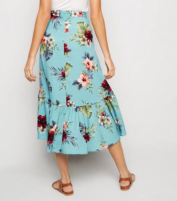 Blue Floral Ruffle Hem Wrap Midaxi Skirt New Look shop for Blue Floral Ruffle Hem Wrap Midaxi Skirt New Look at Shopo