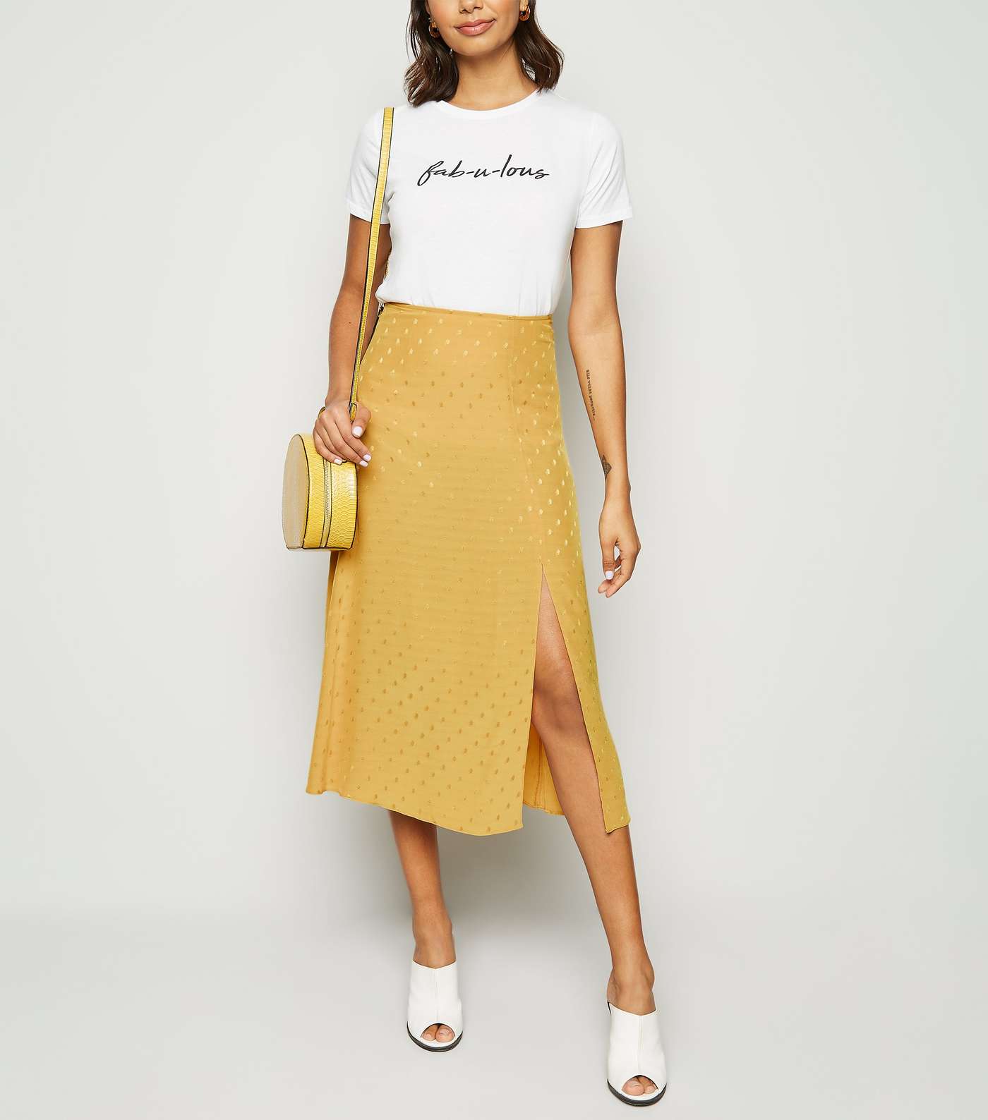 Mustard Spot Jacquard Side Split Midi Skirt