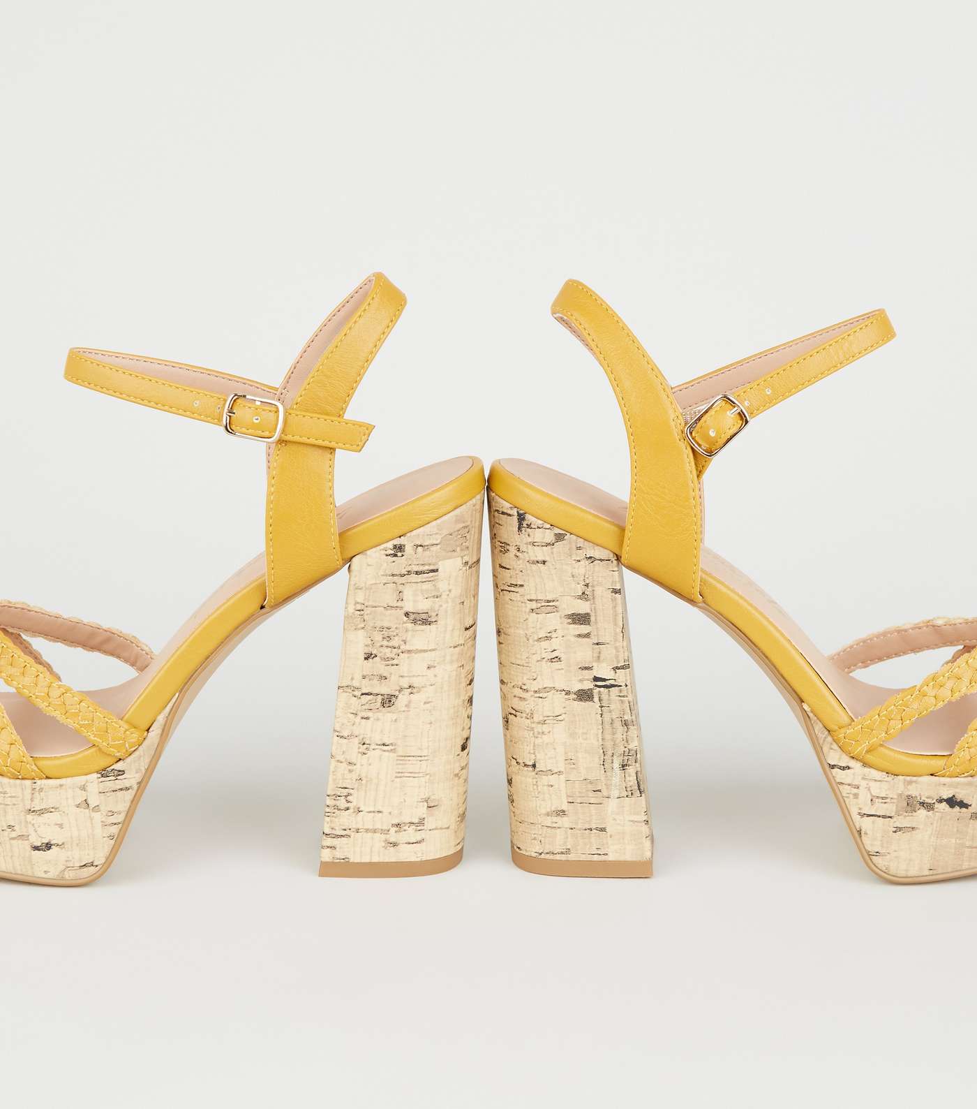 Wide Fit Mustard Woven Strap Cork Heels Image 4