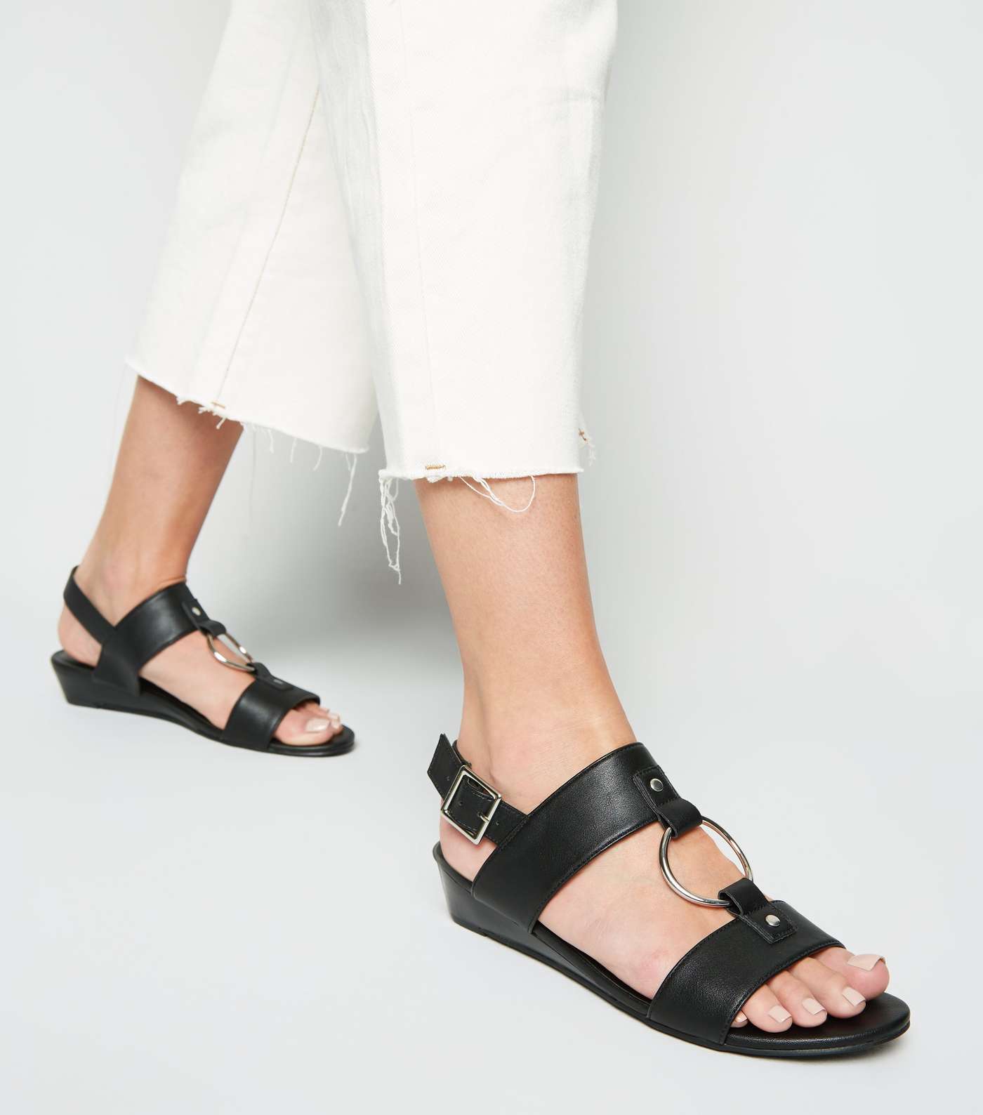 Black Leather-Look Ring Strap Wedge Sandals Image 2