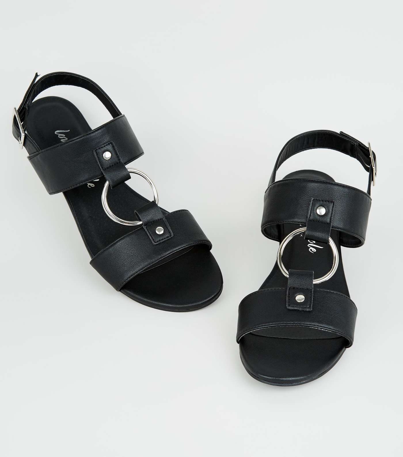 Black Leather-Look Ring Strap Wedge Sandals Image 4