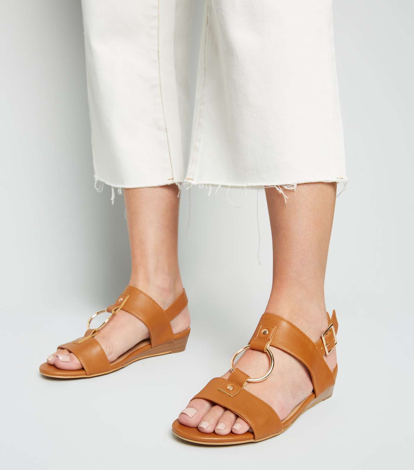 Tan Leather-Look Ring Strap Wedge Sandals Image 2