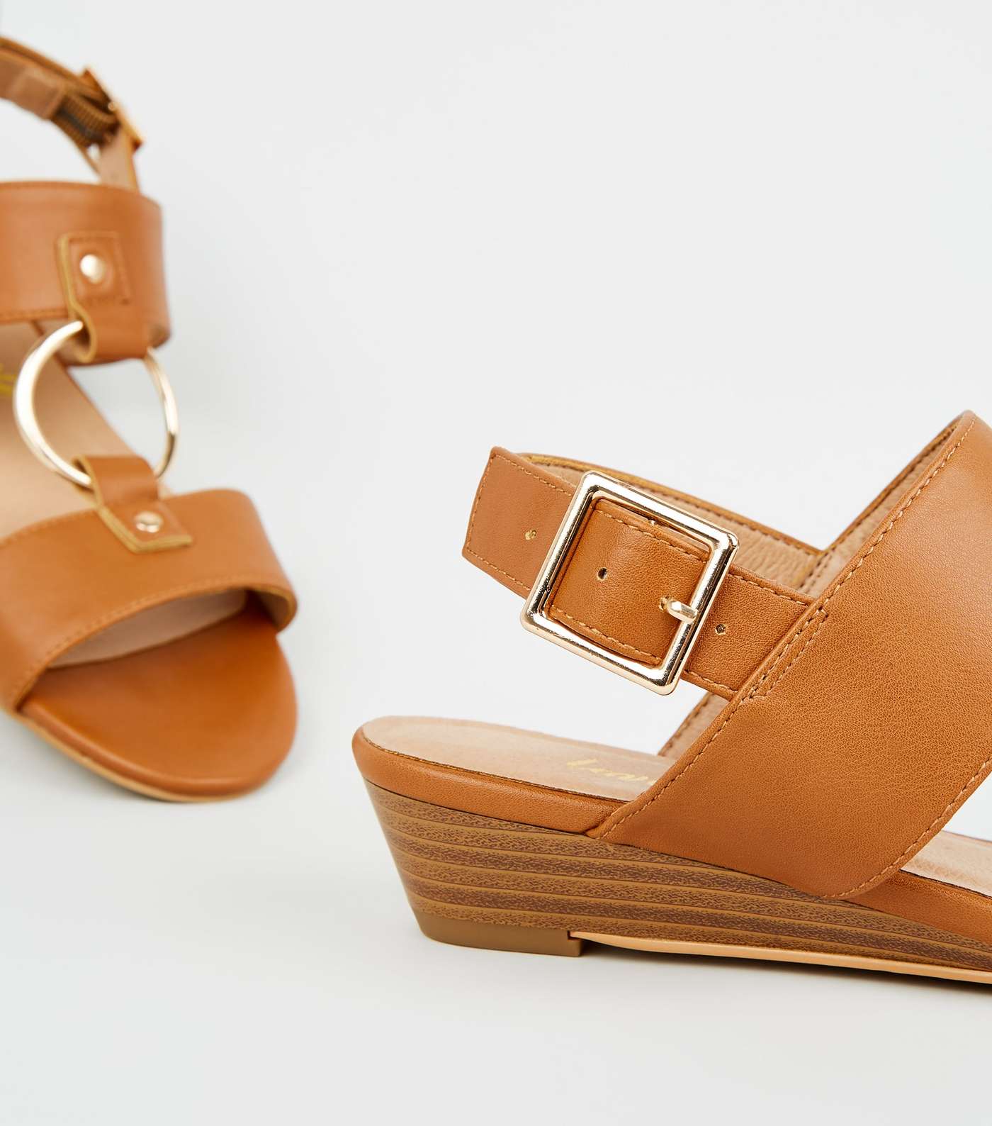 Tan Leather-Look Ring Strap Wedge Sandals Image 4