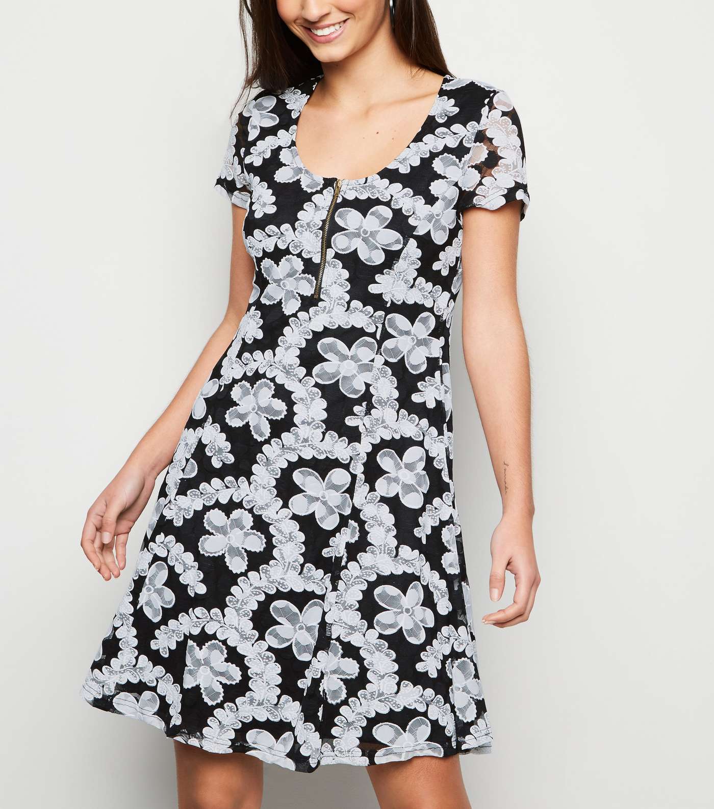 Apricot Black Lace Zip Front Dress Image 2