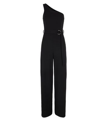 Black belted one shoulder hot sale jumpsuit