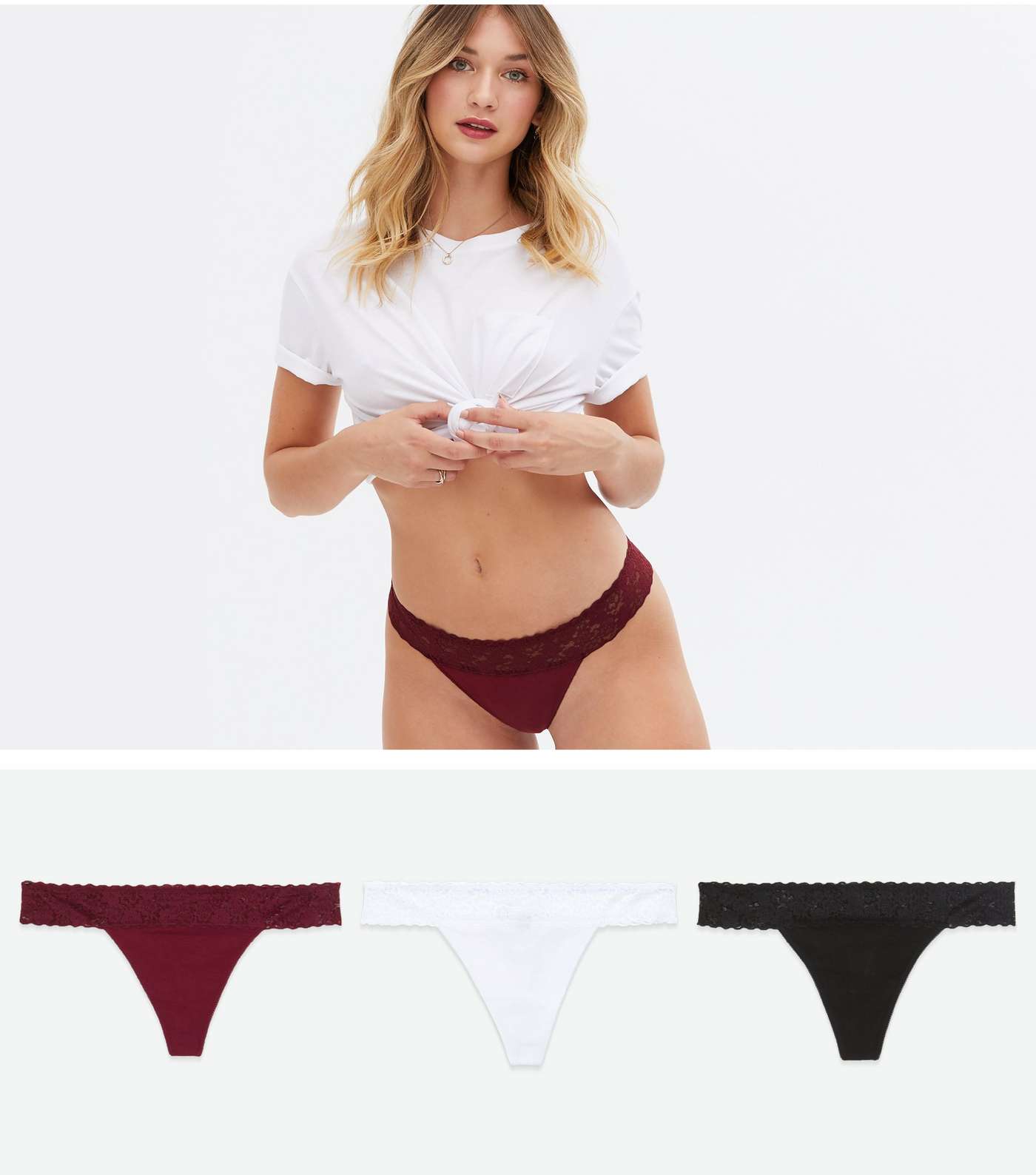 3 Pack Burgundy Black and White Lace Waist Thongs