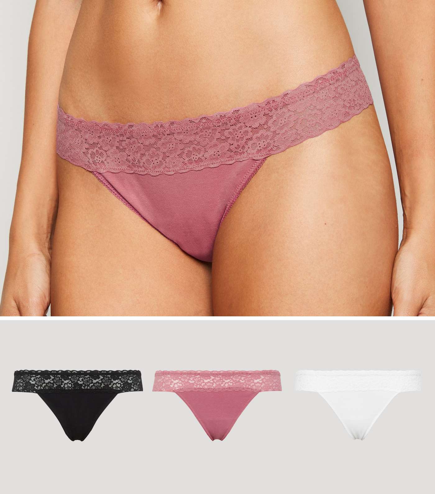 3 Pack Multicoloured Lace Waist Thongs