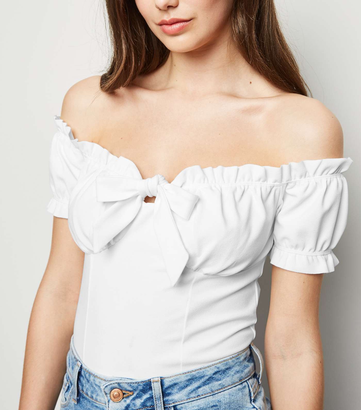 White Bow Front Bardot Crop Top