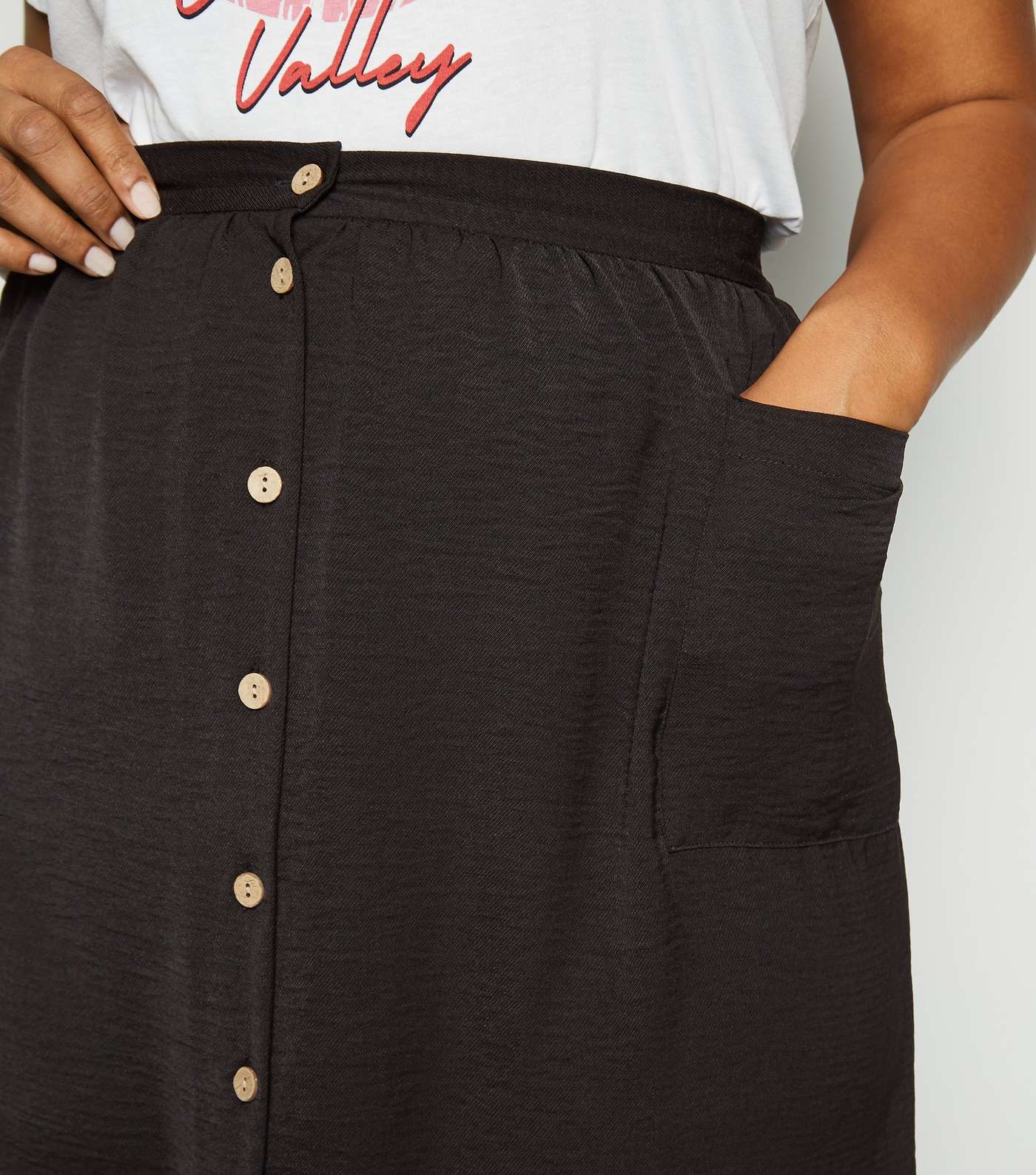 Curves Black Crepe Button Up Midi Skirt Image 5