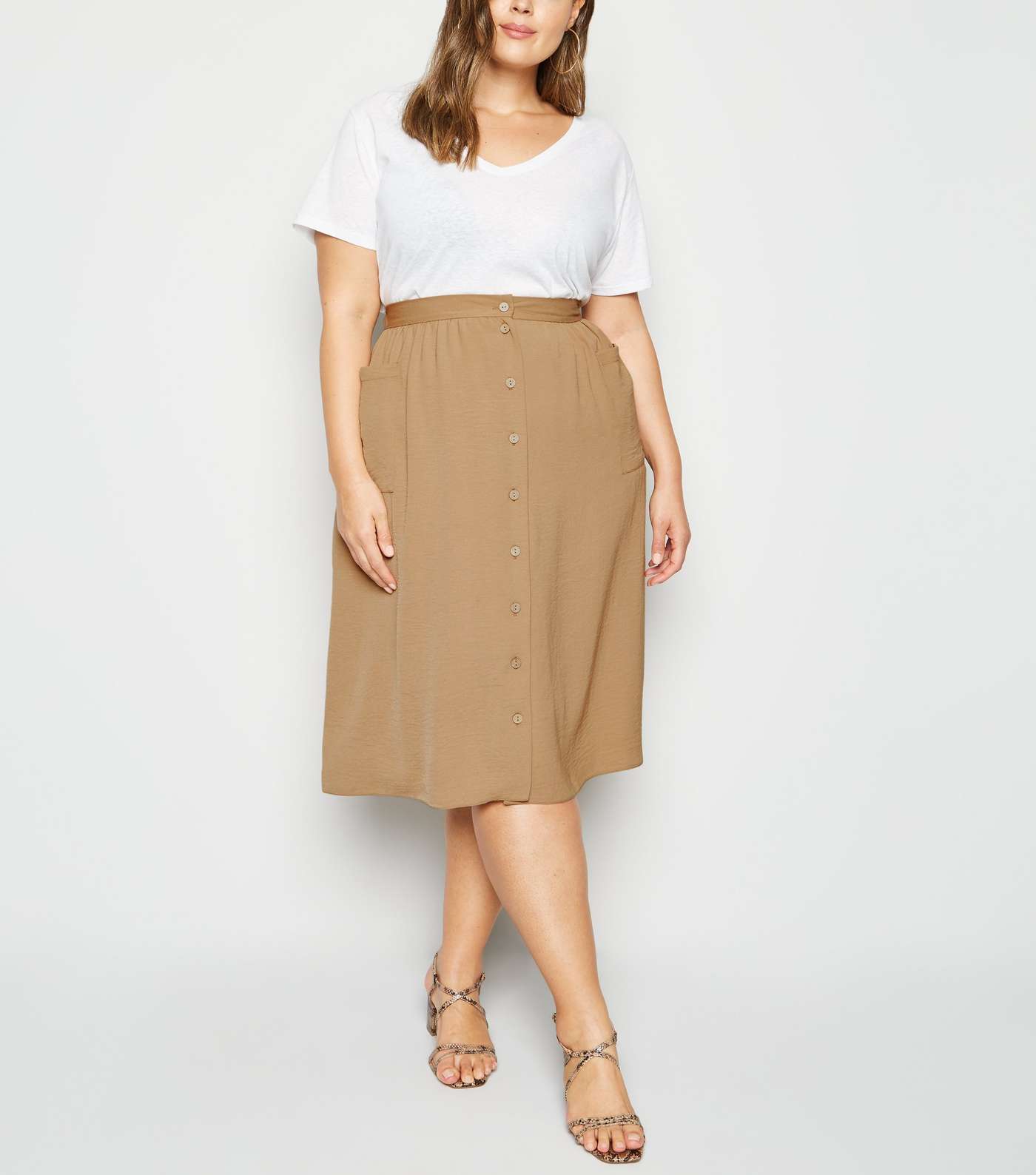 Curves Camel Crepe Button Up Midi Skirt