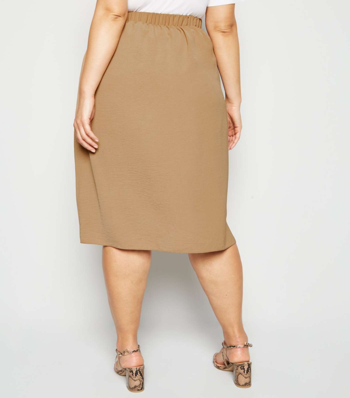 Curves Camel Crepe Button Up Midi Skirt Image 3