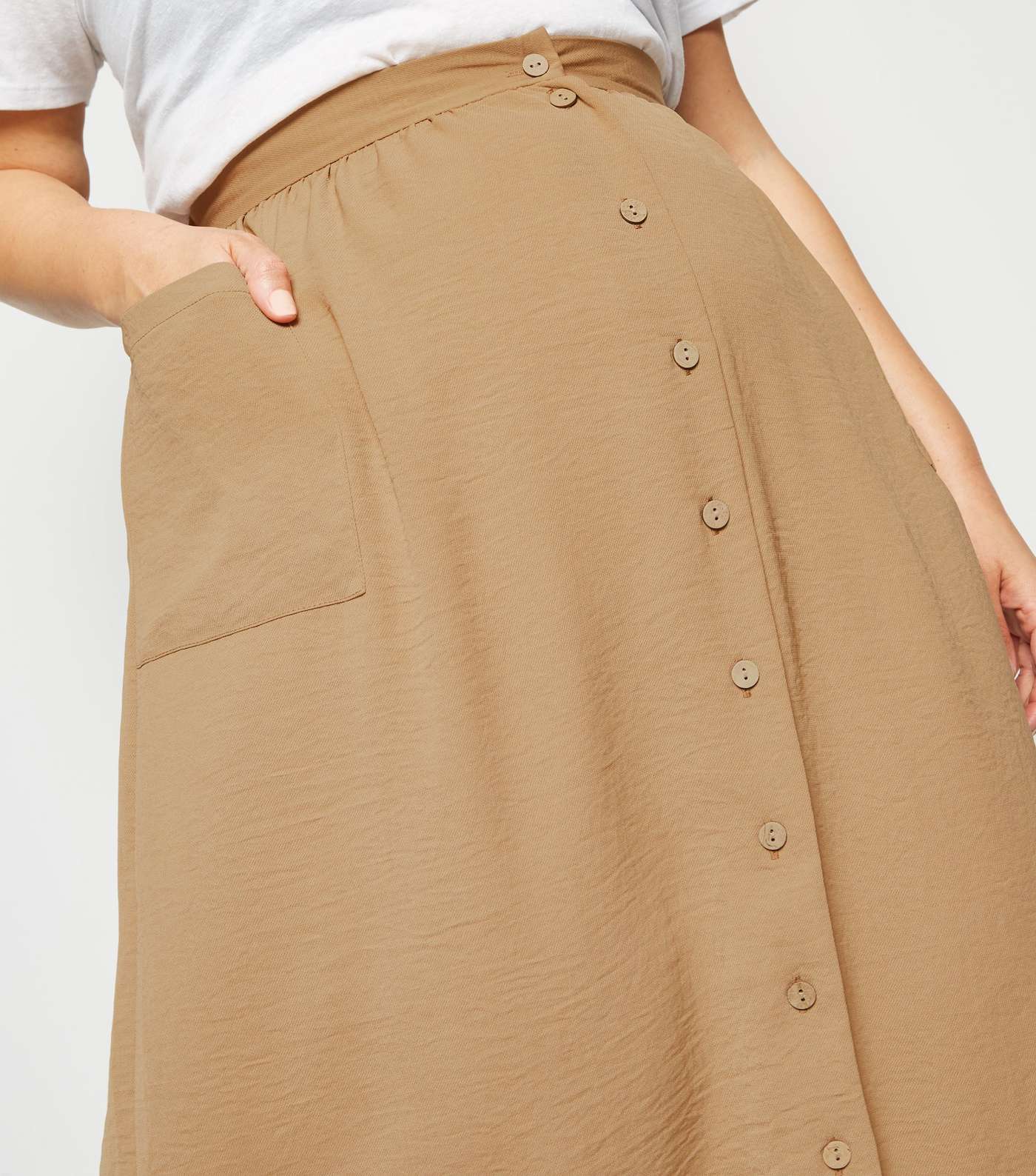 Curves Camel Crepe Button Up Midi Skirt Image 5