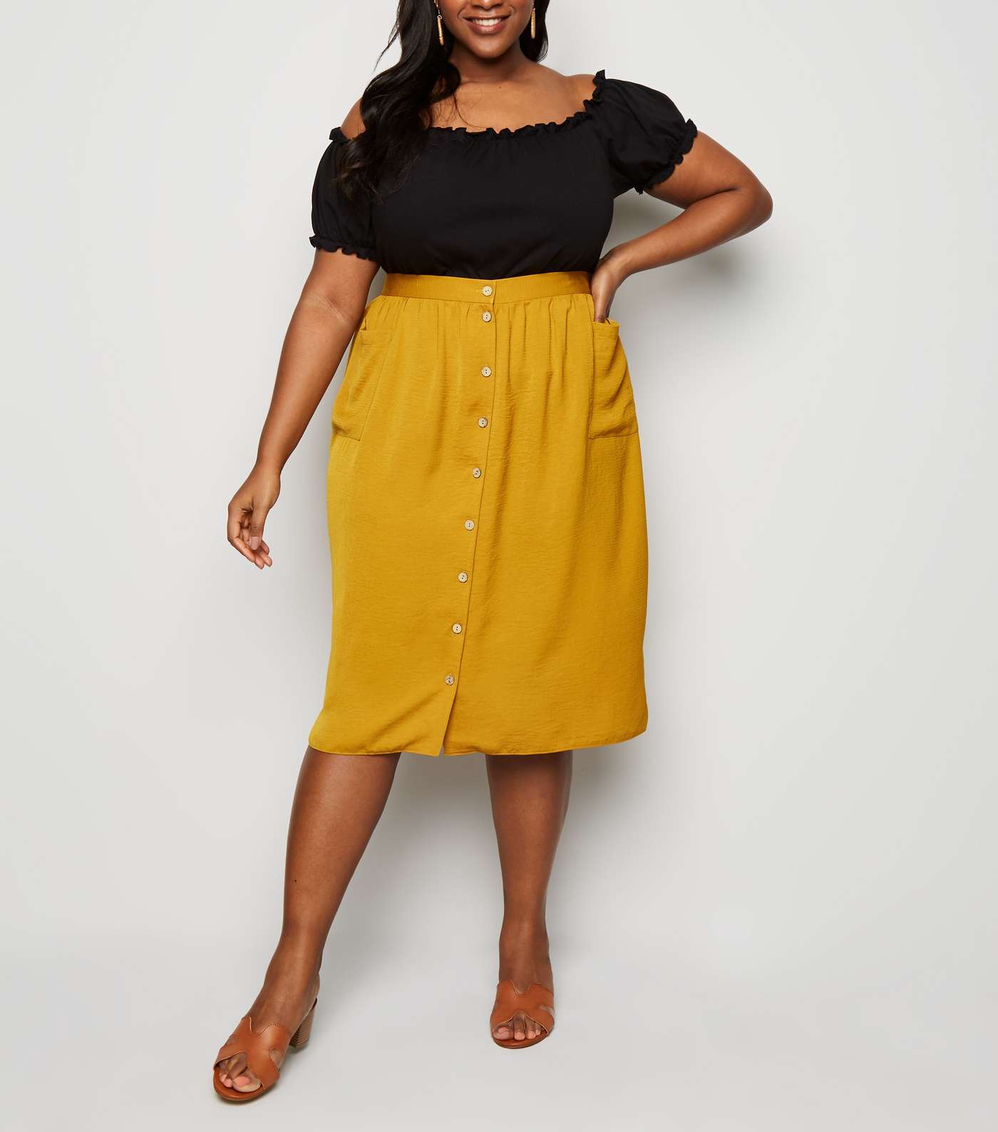 Curves Mustard Crepe Button Up Midi Skirt