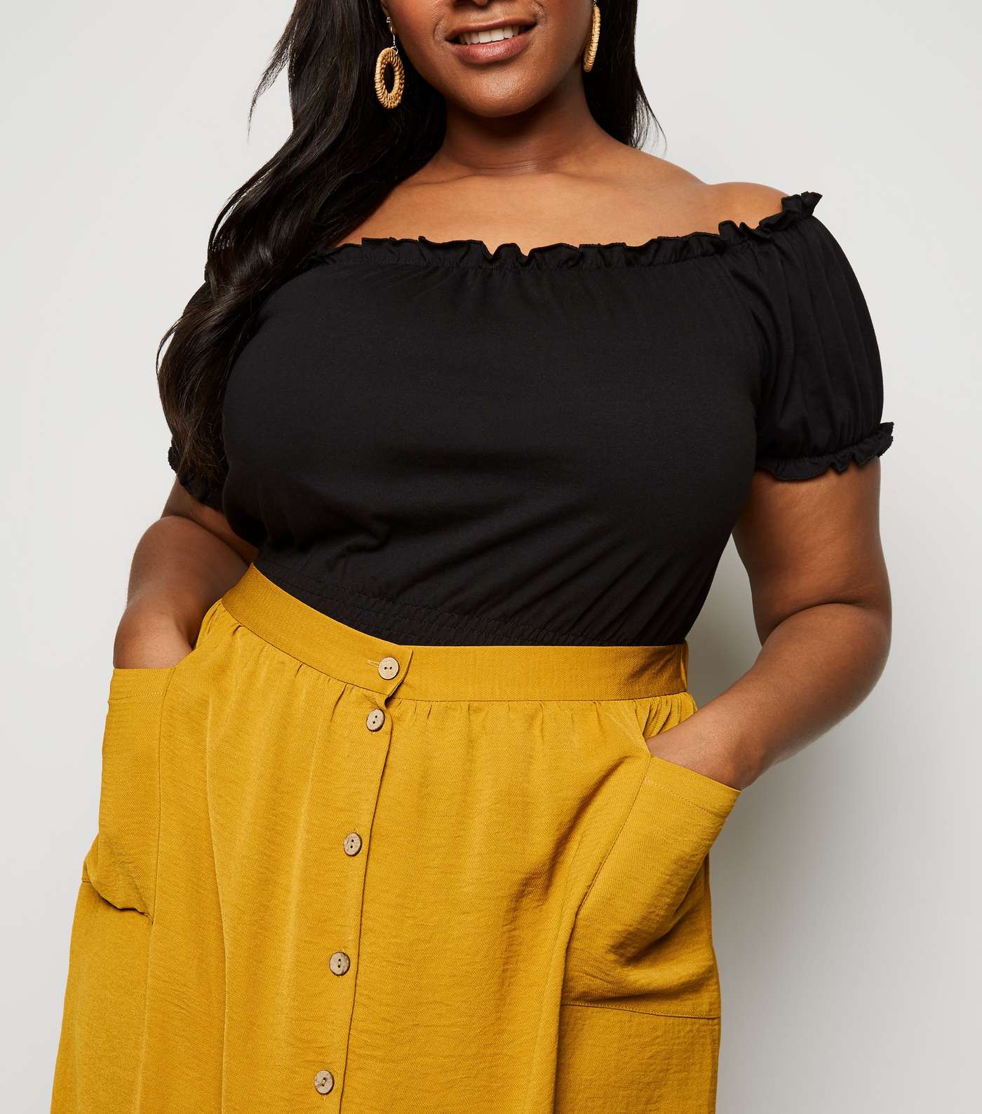 Curves Mustard Crepe Button Up Midi Skirt Image 3