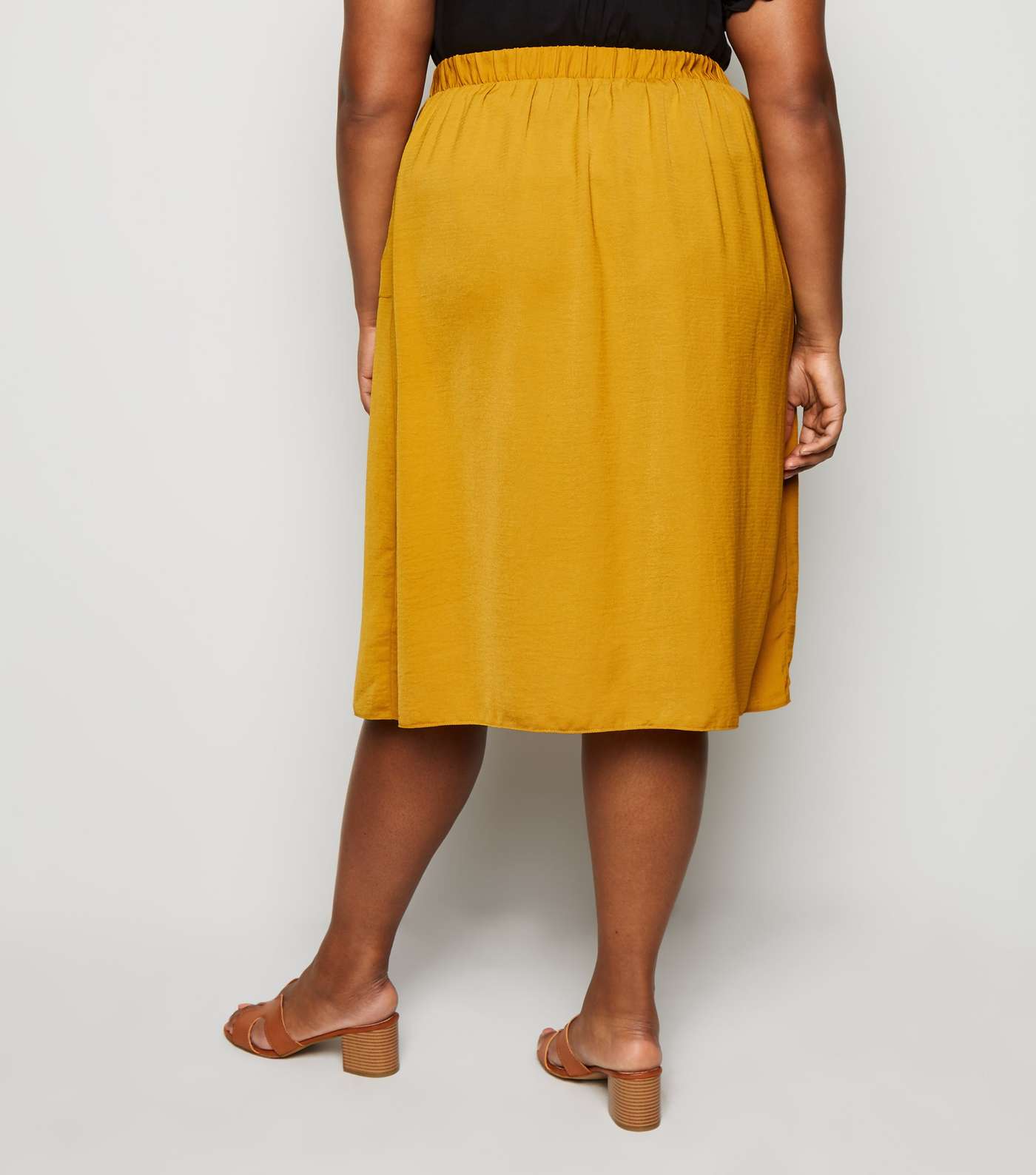 Curves Mustard Crepe Button Up Midi Skirt Image 5