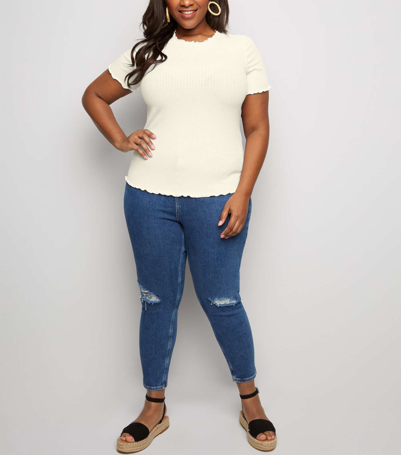 Curves Off White Ribbed Frill Trim T-Shirt  Image 2