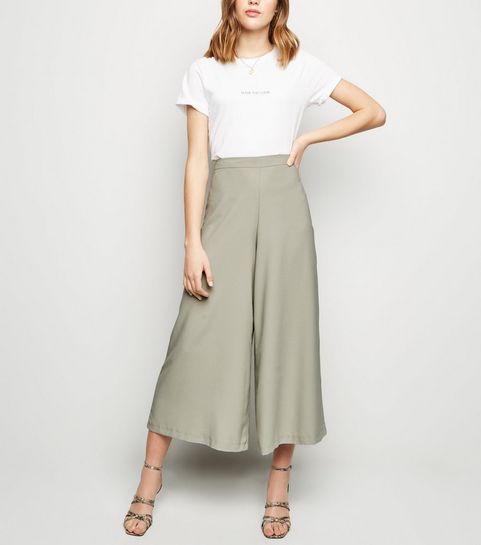 ... Light Green Wide Leg Crop Trousers ...