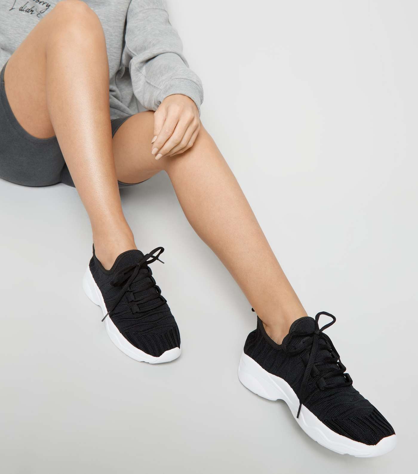Black Knit Lace Up Chunky Trainers Image 2