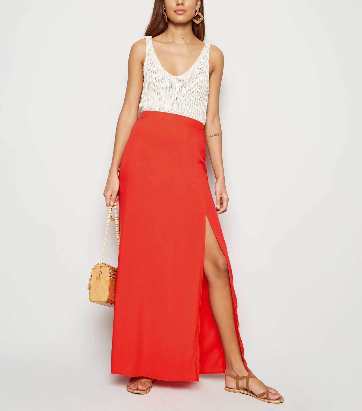 Red Side Split Maxi Skirt