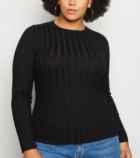 Curves Black Ribbed Crew Neck Jumper
