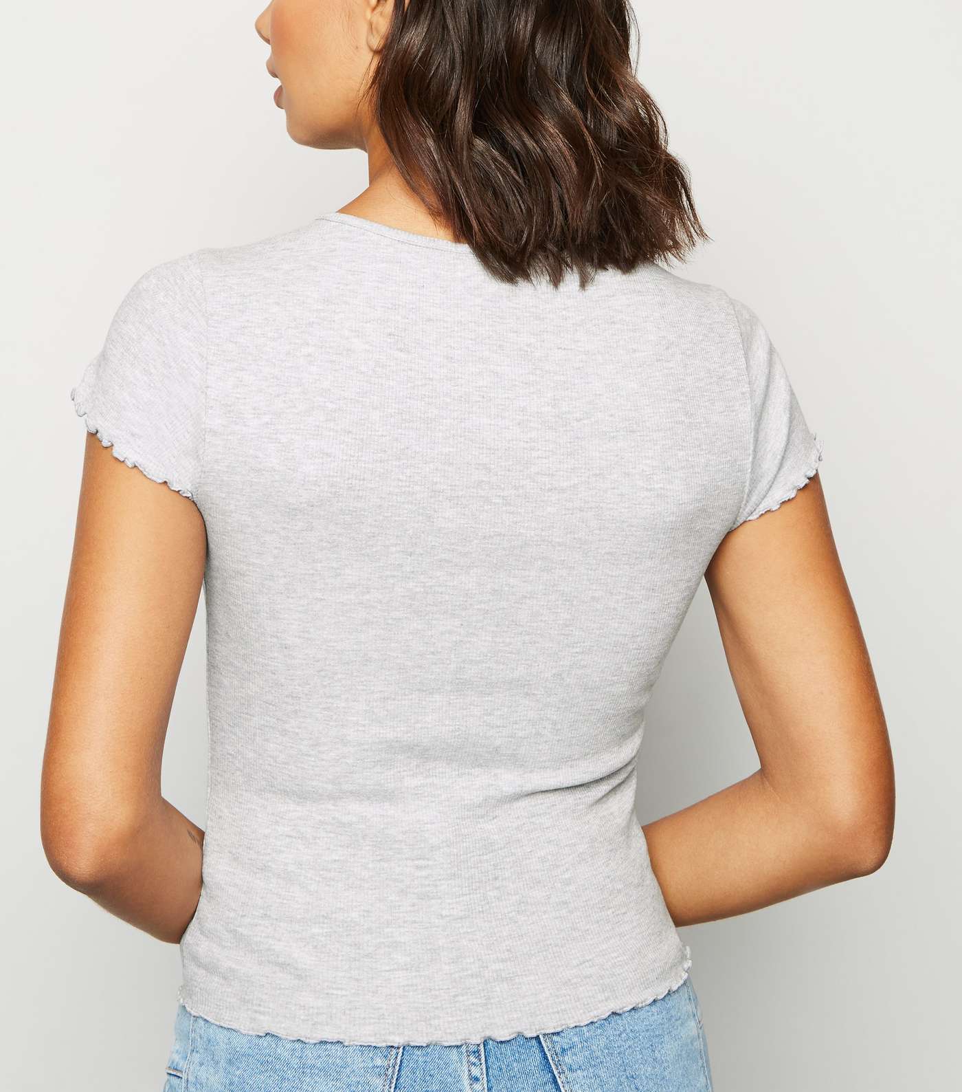 Grey Marl Ribbed Frill Trim Crop T-Shirt Image 3
