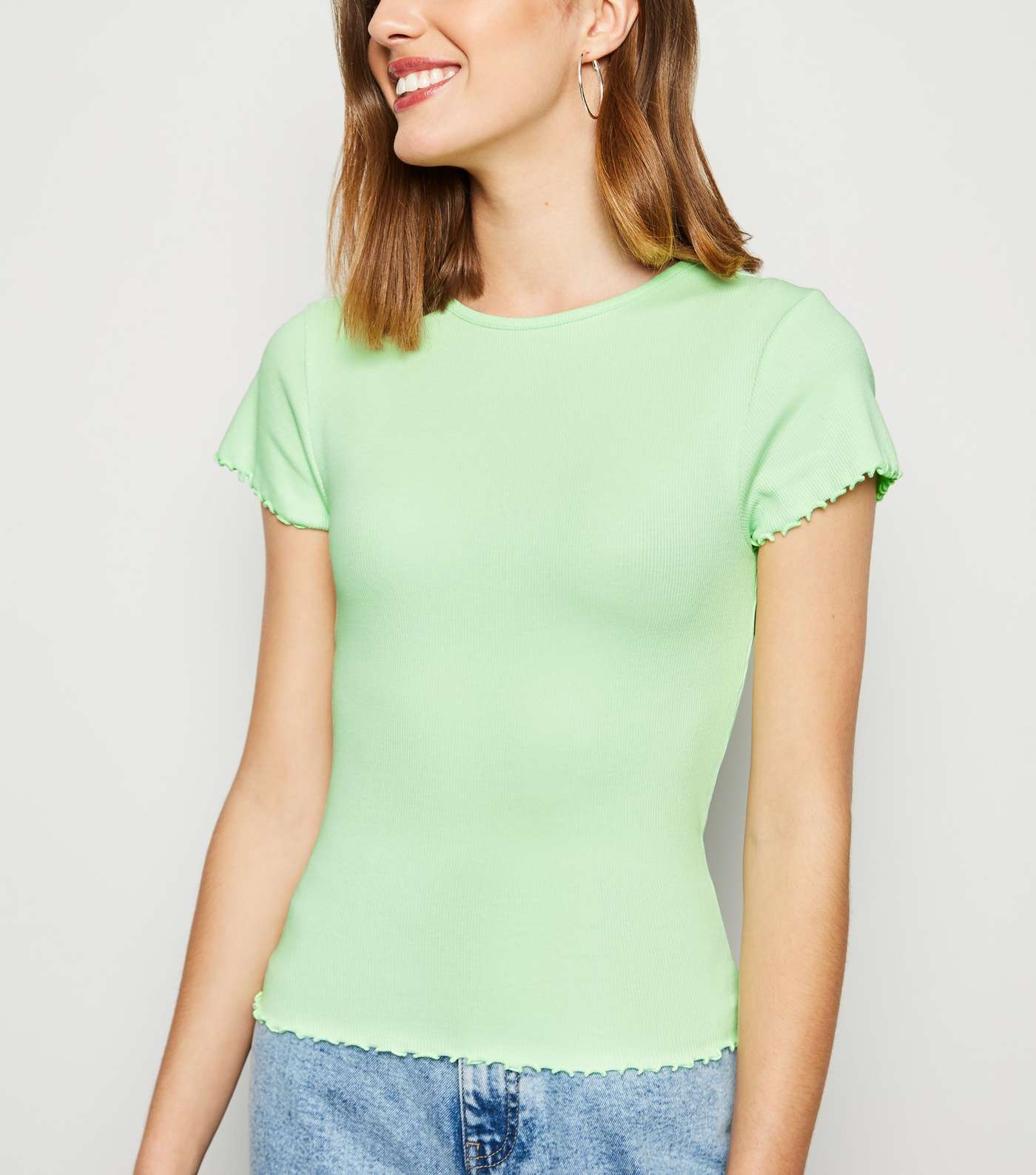 Light Green Ribbed Frill Trim Crop T-Shirt