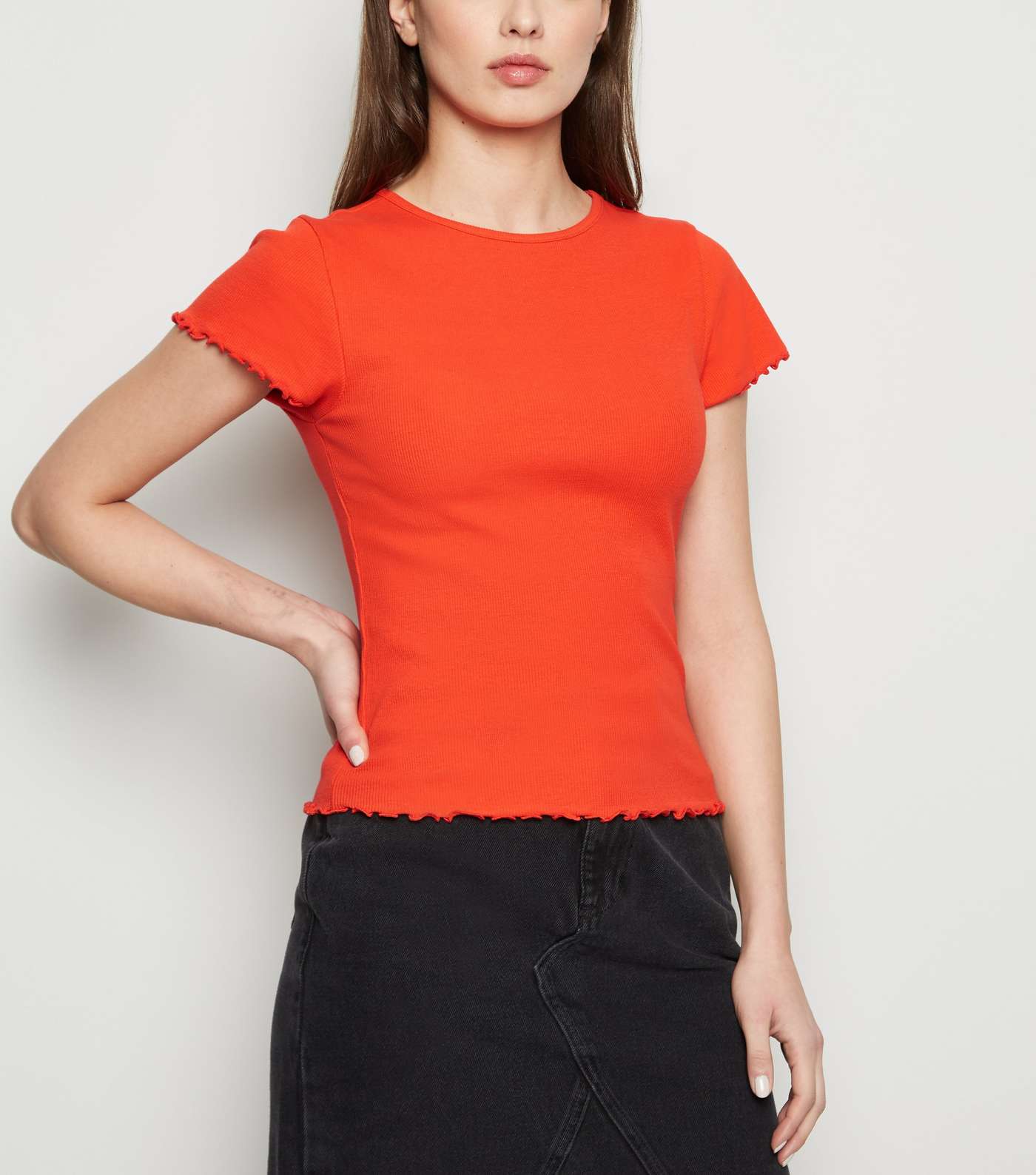Red Ribbed Frill Trim Crop T-Shirt