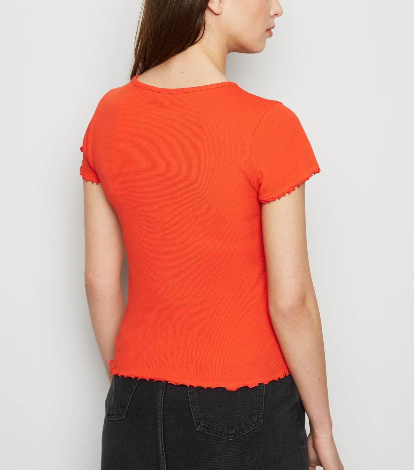 Red Ribbed Frill Trim Crop T-Shirt Image 3