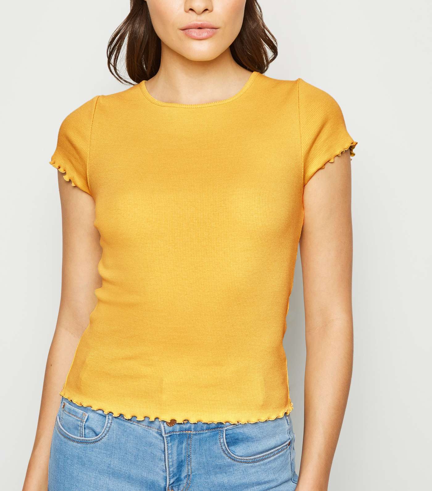 Yellow Ribbed Frill Trim Crop T-Shirt