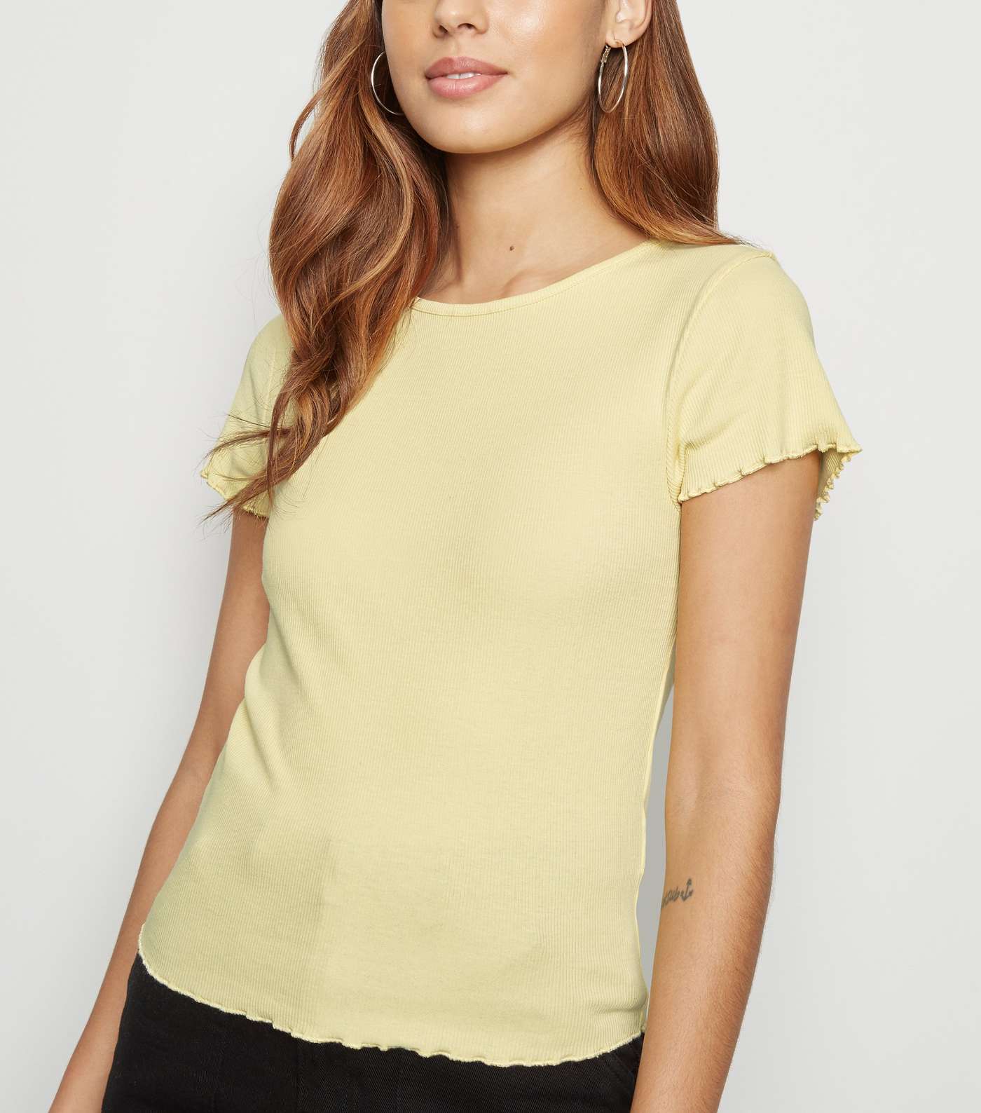 Pale Yellow Ribbed Frill Trim Crop T-Shirt
