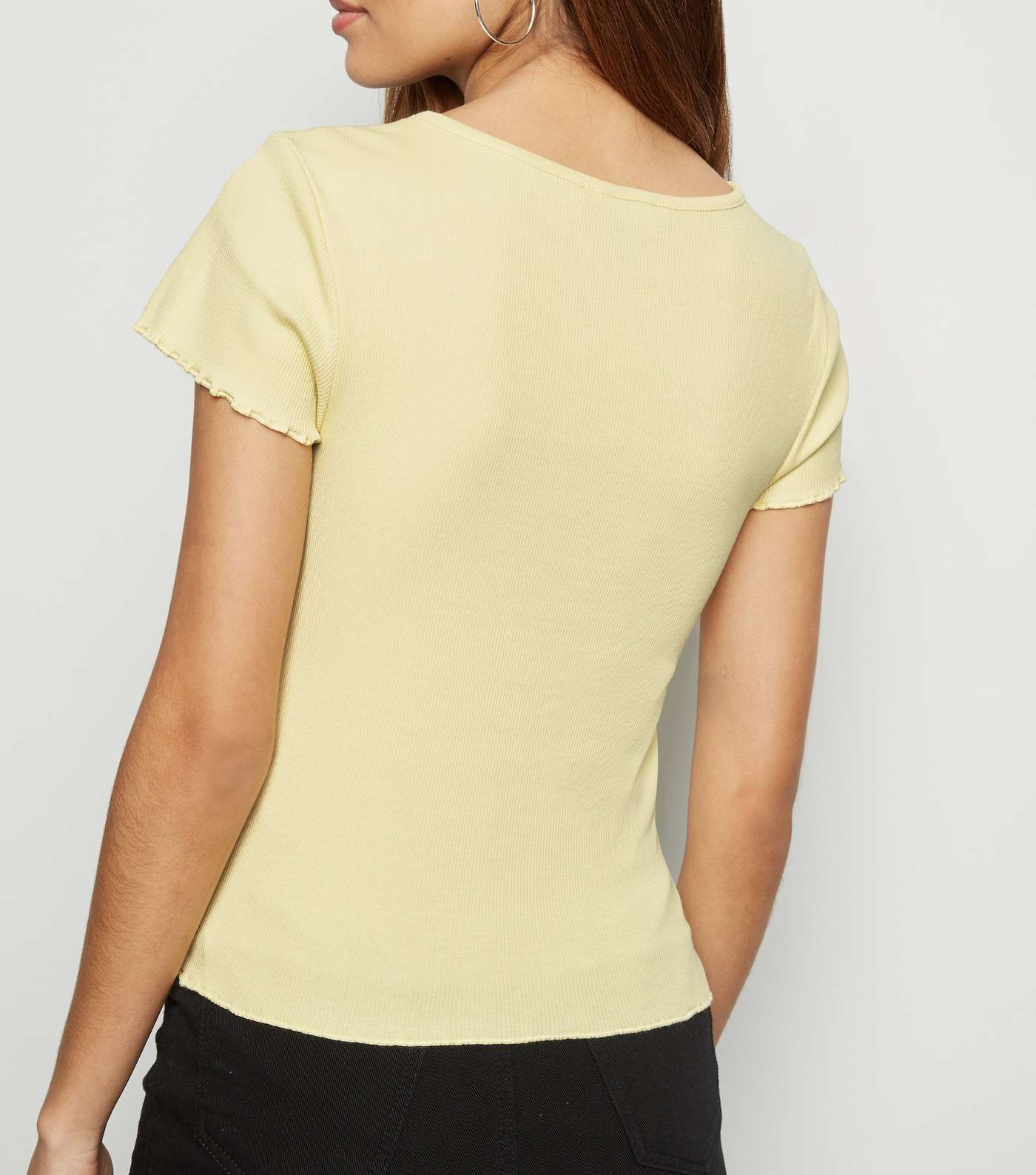Pale Yellow Ribbed Frill Trim Crop T-Shirt Image 3