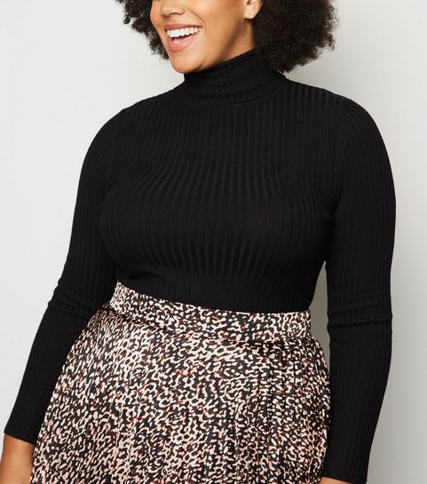 Curves Black Ribbed Roll Neck Jumper