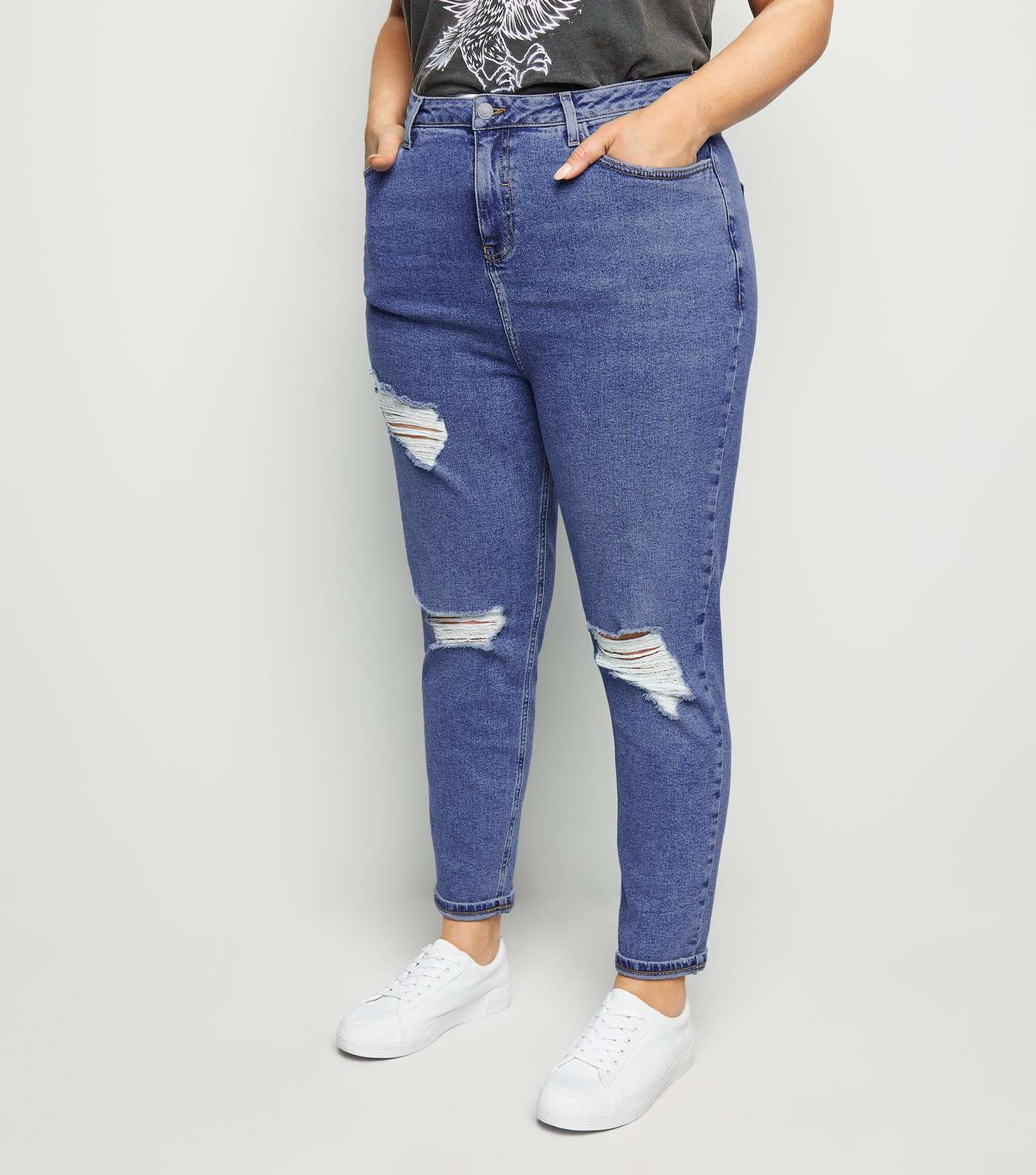 Curves Blue Ripped Slim Mom Jeans Image 2