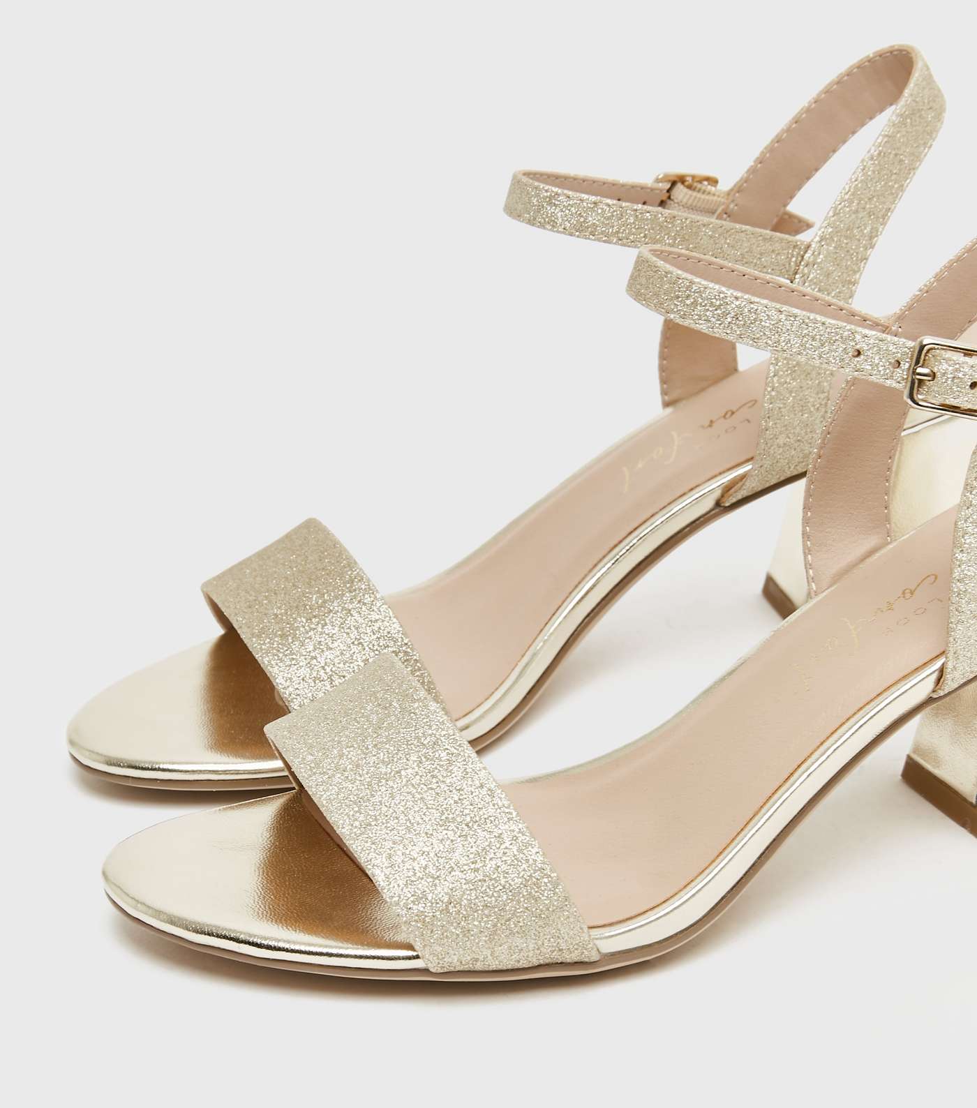 Gold Glitter Flared Mid Block Heel Sandals Image 3