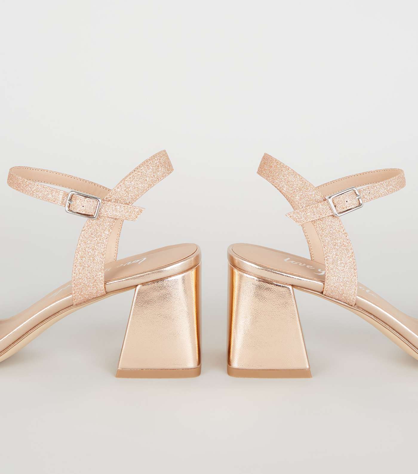 Rose Gold Glitter Flared Mid Block Heel Sandals Image 4