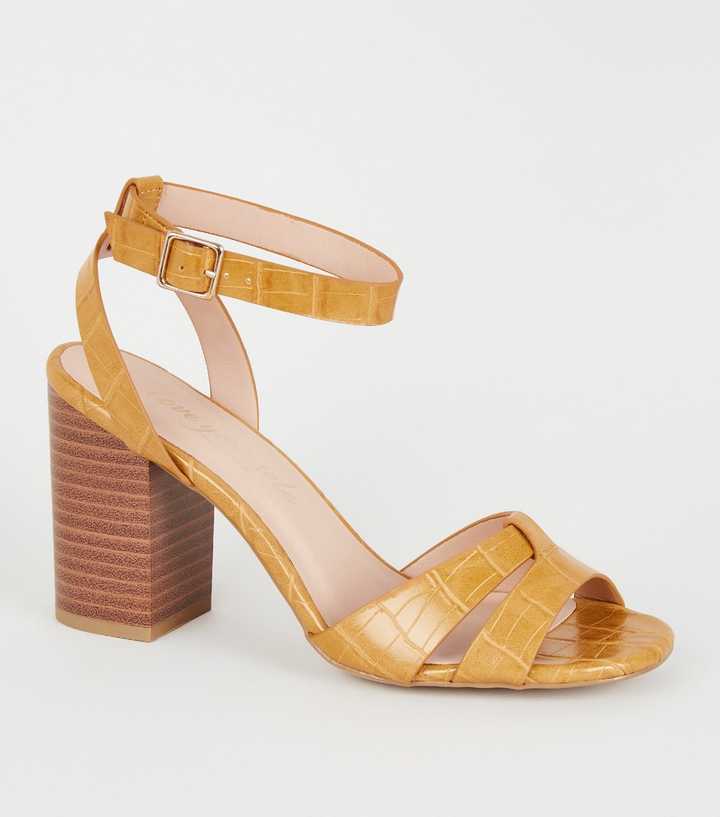 Yellow Faux Croc 2 Part Block Heels