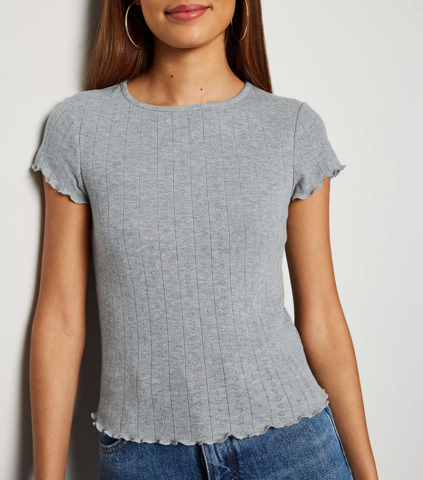 Grey Marl Pointelle Frill Trim T-Shirt Image 5