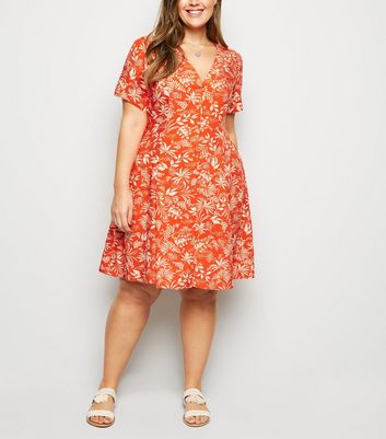 Curves Red Tropical Print Tea Dress New Look