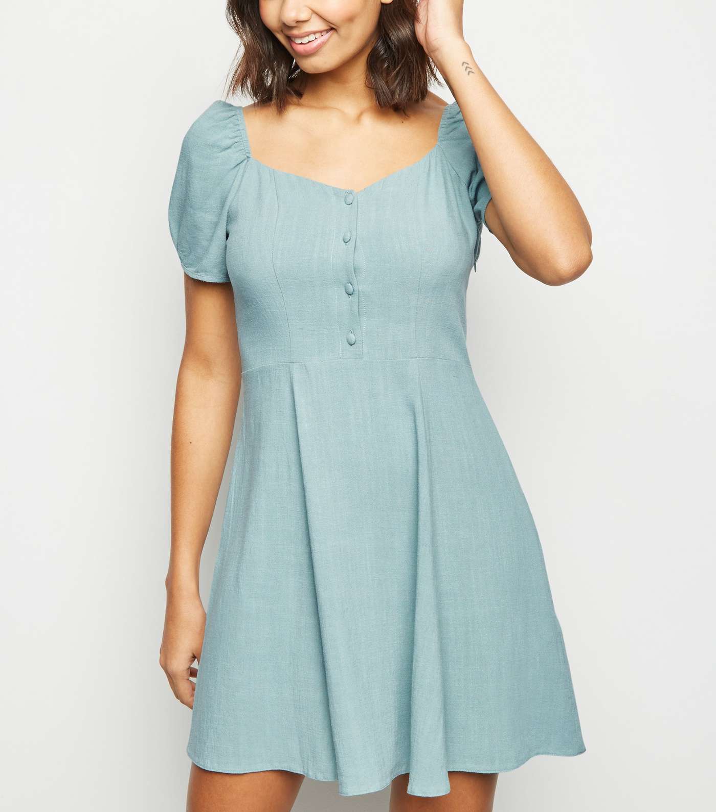 Mint Green Linen-Look Puff Sleeve Milkmaid Dress